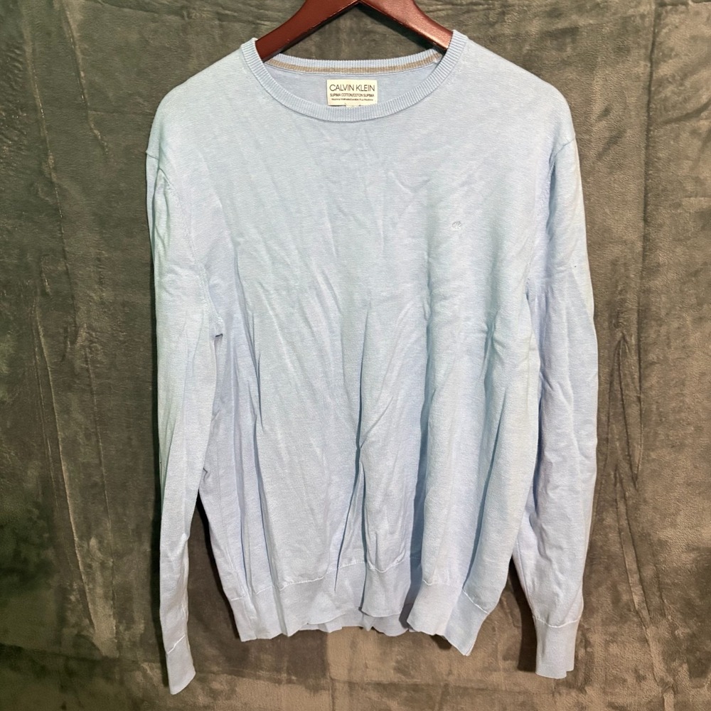 Calvin Klein Sweater Mens Large Blue Pima Cotton Pull Over Preppy